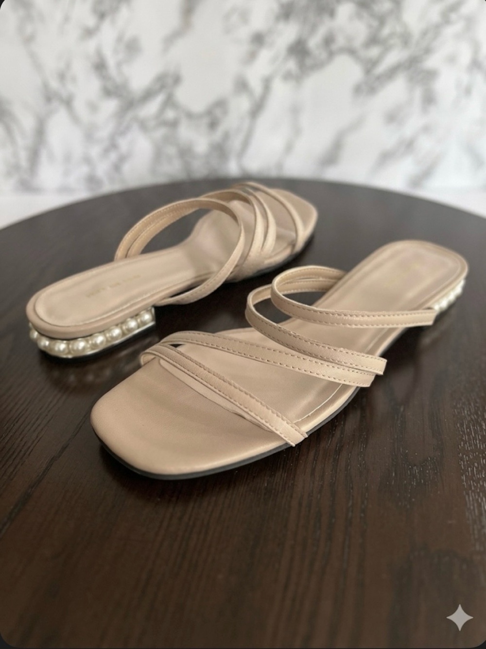 All Black Sandals Pearl Heel Strappy Slide One Nude Beige 9/40 Quiet Luxury